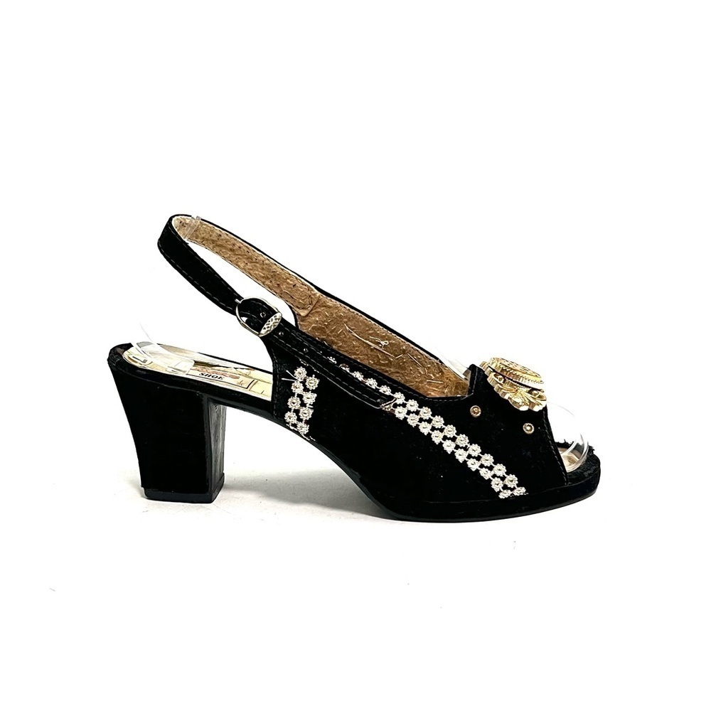 Vintage 1950s black velvet gold maximalist embellished open toe slingback heels - Picture 2 of 8